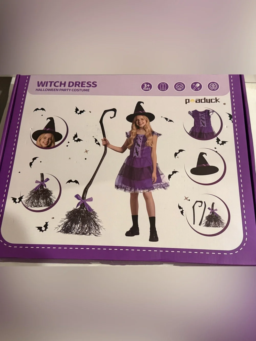 Peaduck Girls Purple Witch Costume Set Dress Hat Broom Halloween Party New M